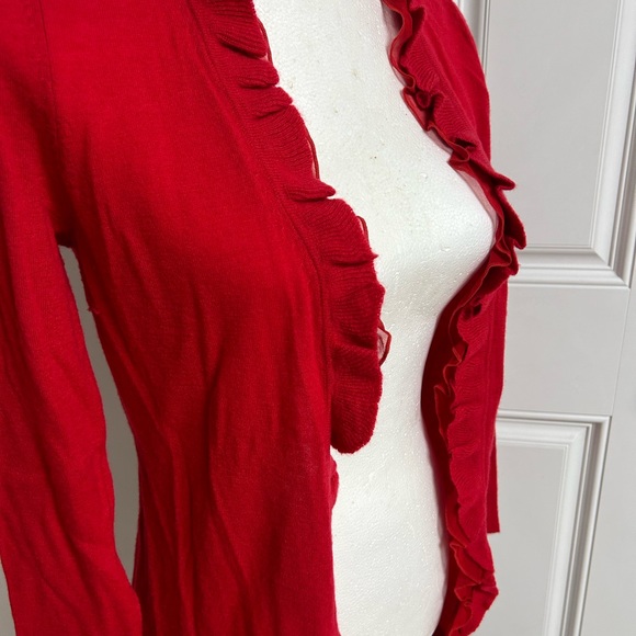 Neiman Marcus Cherry Red Cashmere Ruffled Long Cardigan Small - Picture 2 of 5